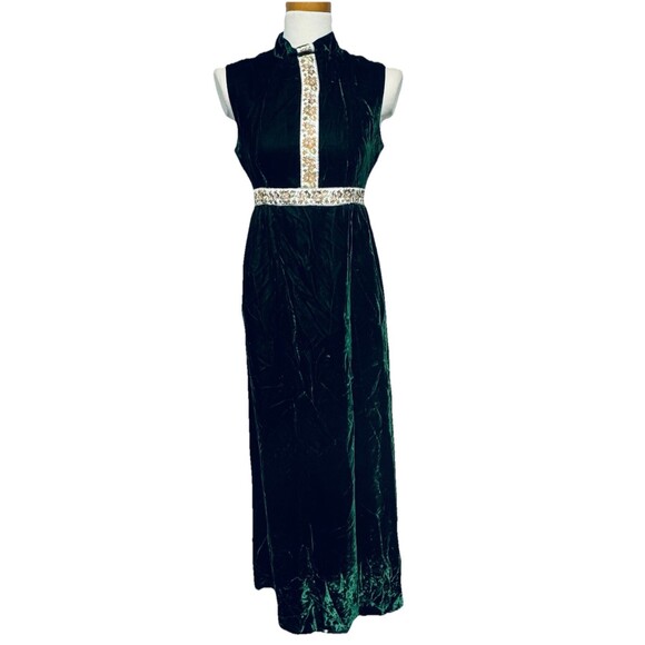 VTG 70s Gerry Velvet Emerald Green Tie Back Maxi Dress Size 10 See Msrmnts - Picture 1 of 8